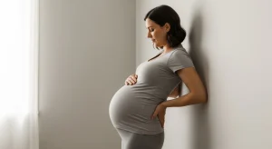 A photo of a pregnant woman leaning against a wall with a hand on her lower back.