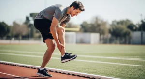 A photo of a runner holding their ankle due to Achilles discomfort.