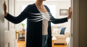 A photo of a woman doing a doorway chest stretch with her forearms on the doorframe, with soft glowing lines illustrating chest expansion.