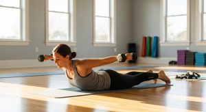 A photo of a woman lying on a mat in a fitness studio while lifting light dumbbells in a back strengthening exercise.