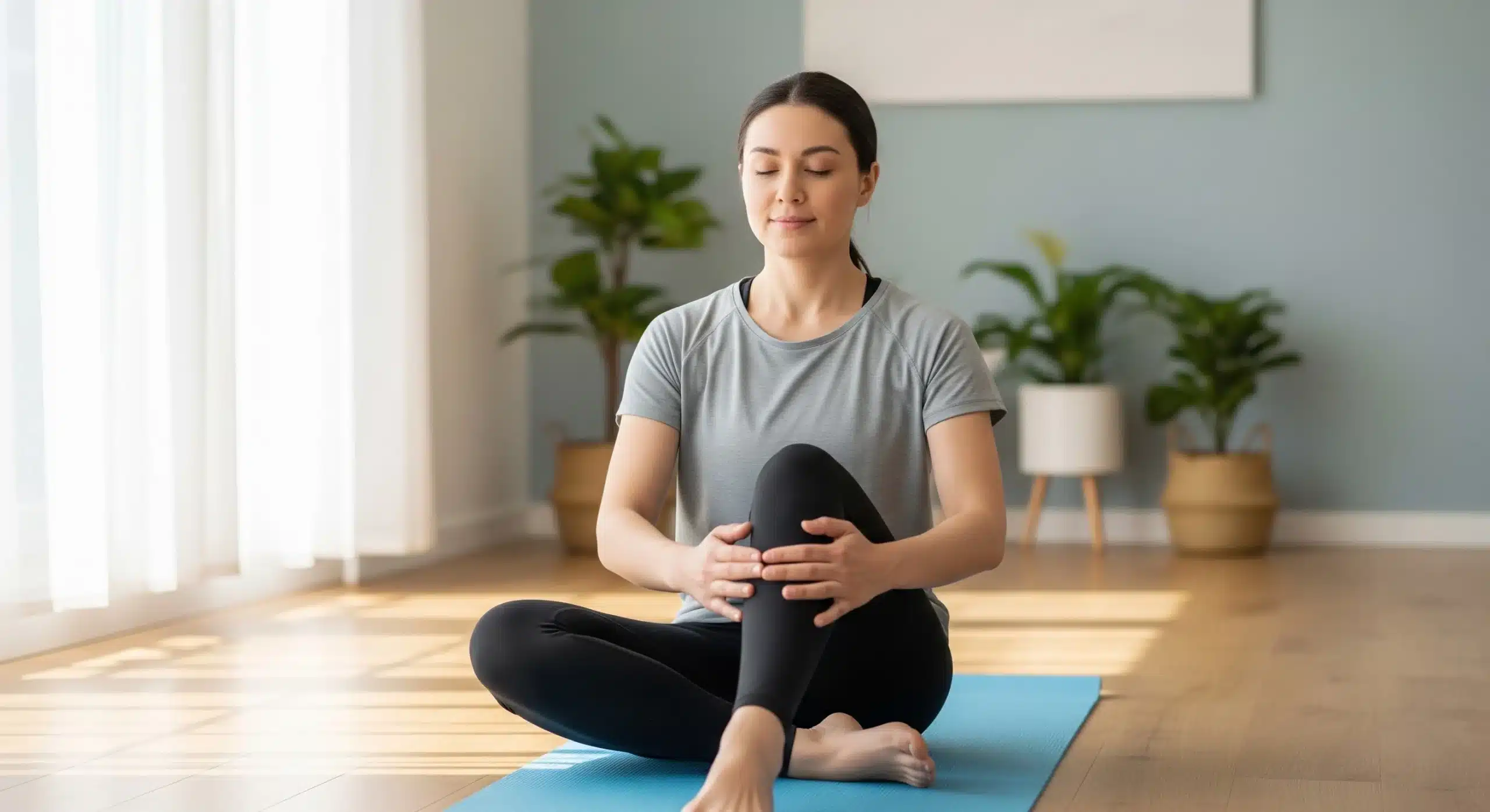 A photo of a woman practicing a seated hip internal rotation stretch for hip mobility.