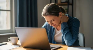 A photo of a woman rubbing her neck while working at a desk