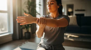 A photo of a woman sitting in a sunlit room and stretching her forearm by holding her extended arm with her opposite hand, focusing on wrist and forearm mobility.