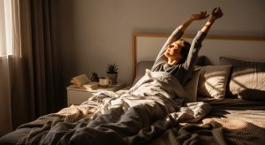 A photo of a woman stretching her arms overhead while sitting up in bed, surrounded by soft bedding and warm morning light.