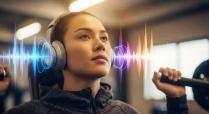 A photo of a woman wearing headphones while lifting a barbell, with colourful digital sound waves surrounding her, showing the connection between music and exercise intensity.