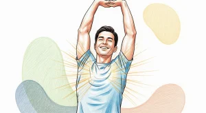 An illustration of a man stretching overhead with a bright, glowing chest and colourful abstract shapes in the background.