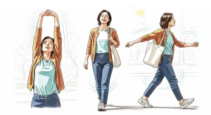 An illustration of a woman stretching overhead, walking relaxed with a bag, and striding confidently outdoors, with soft motion lines showing ease and mobility.
