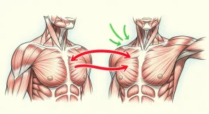An illustration of chest muscles on two torsos, with arrows showing how tight pectoral muscles pull the shoulders inward.