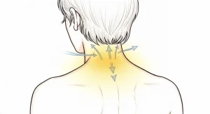 An Illustration of the back of a person’s neck and upper shoulders with arrows showing the direction of tension and muscle strain.