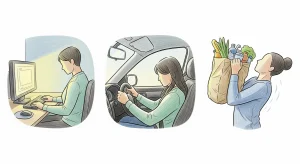 An illustration of three everyday posture scenarios: a person sitting at a computer, a person driving, and a person lifting a grocery bag.