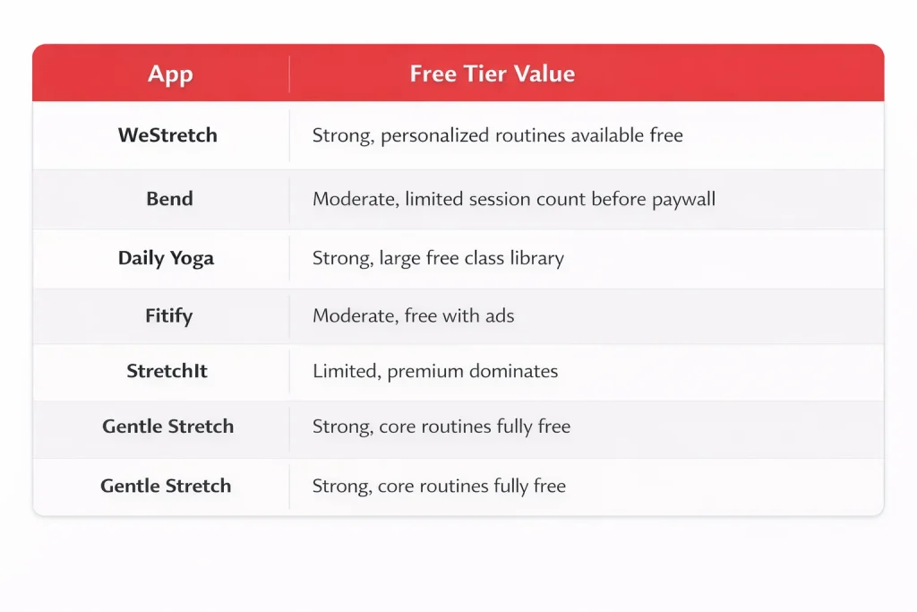An image of a chart comparing the free tier value of popular stretching apps including WeStretch, Bend, Daily Yoga, Fitify, StretchIt, and Gentle Stretch.