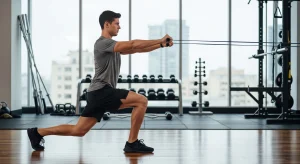 An image of a man performing a resistance band lunge exercise for injury prevention and movement stability.
