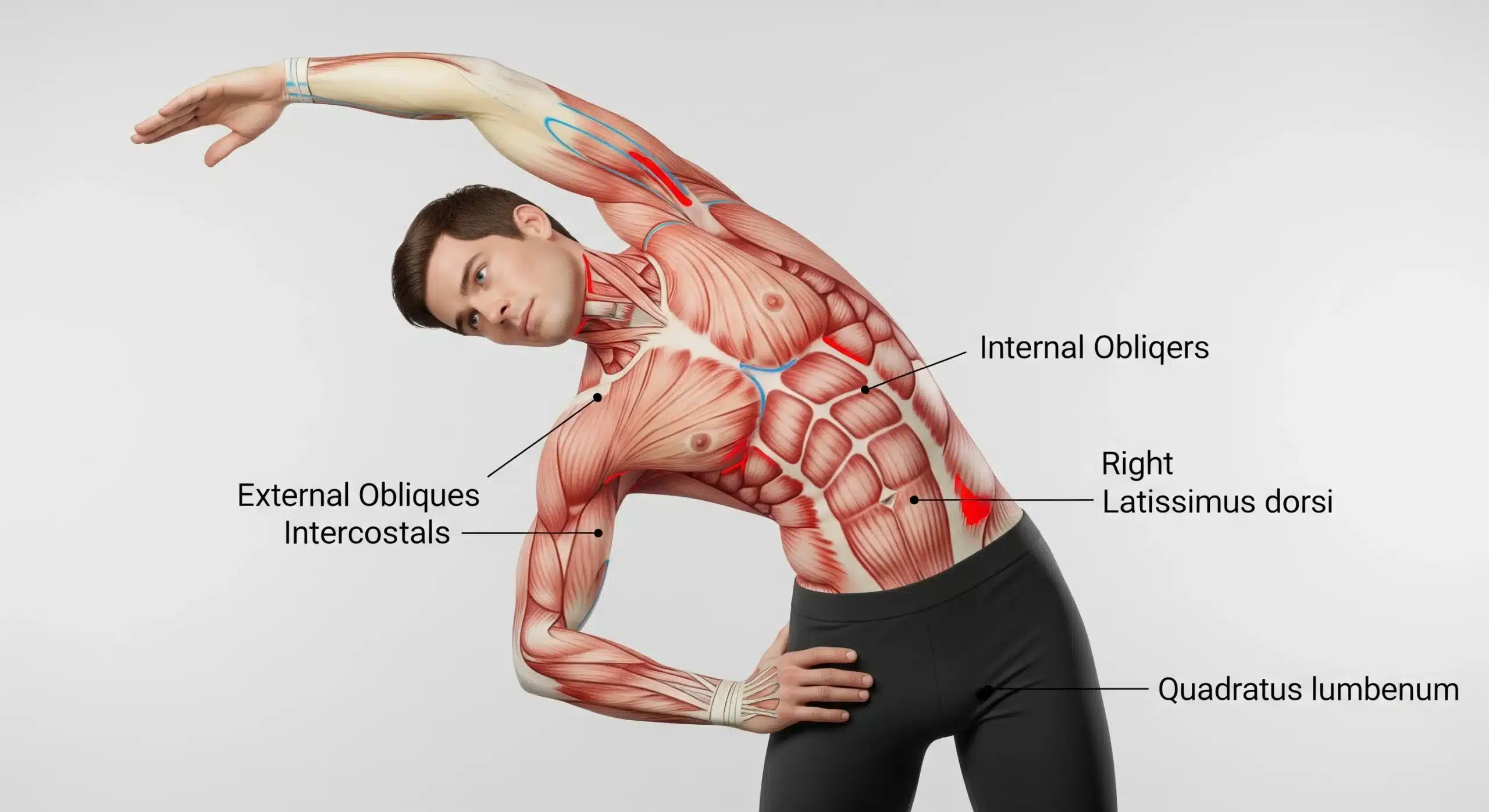 An image of a muscle anatomy diagram showing the obliques, intercostals, latissimus dorsi, and quadratus lumborum during a side stretch.