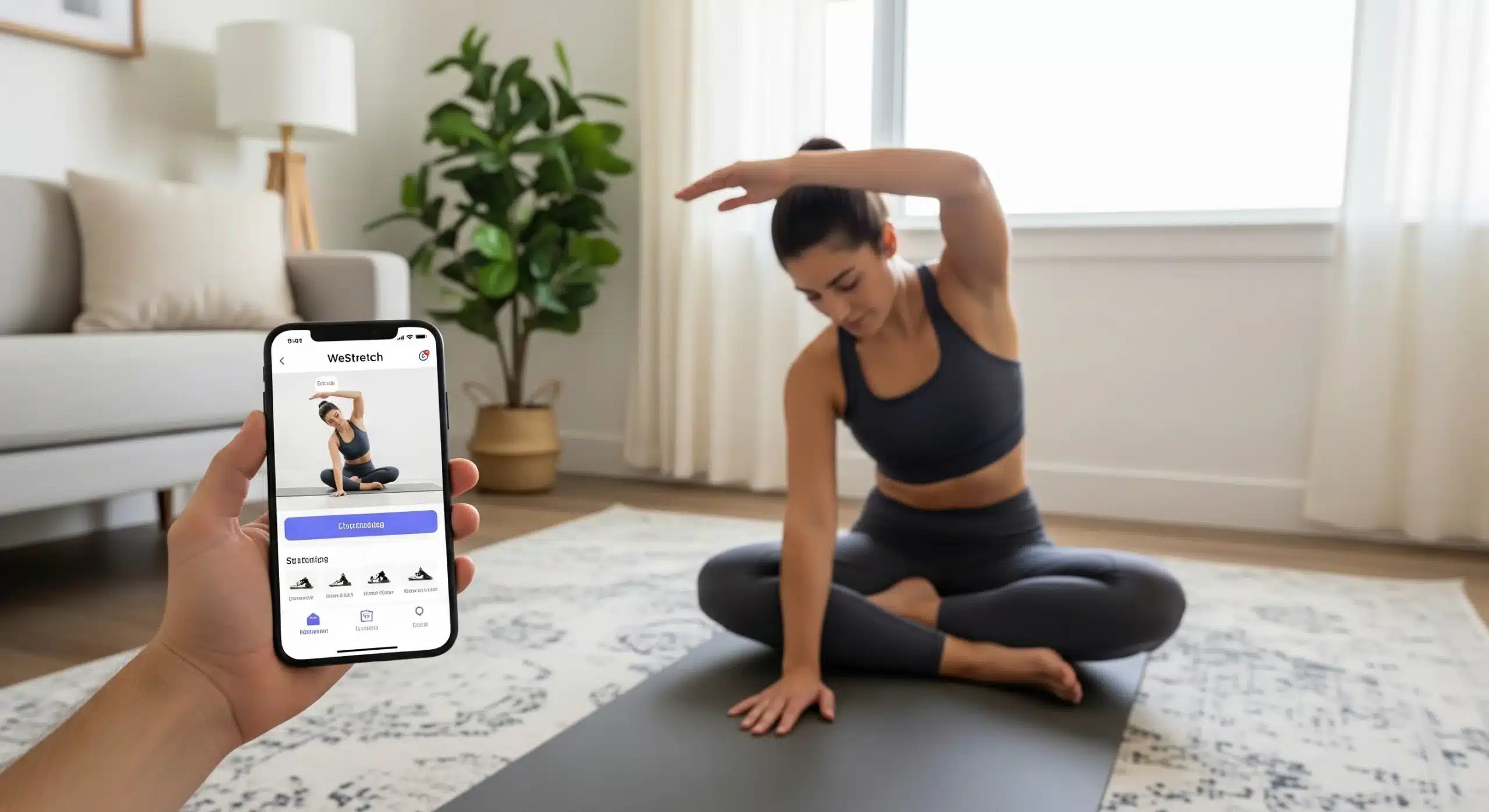 An image of a person following a guided stretching routine using the WeStretch app at home.