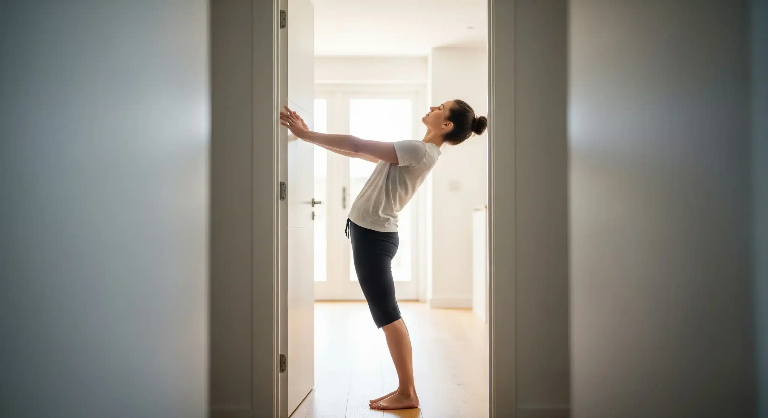 An image of a person performing a doorway stretch to stretch the rhomboid muscles and improve upper back posture.