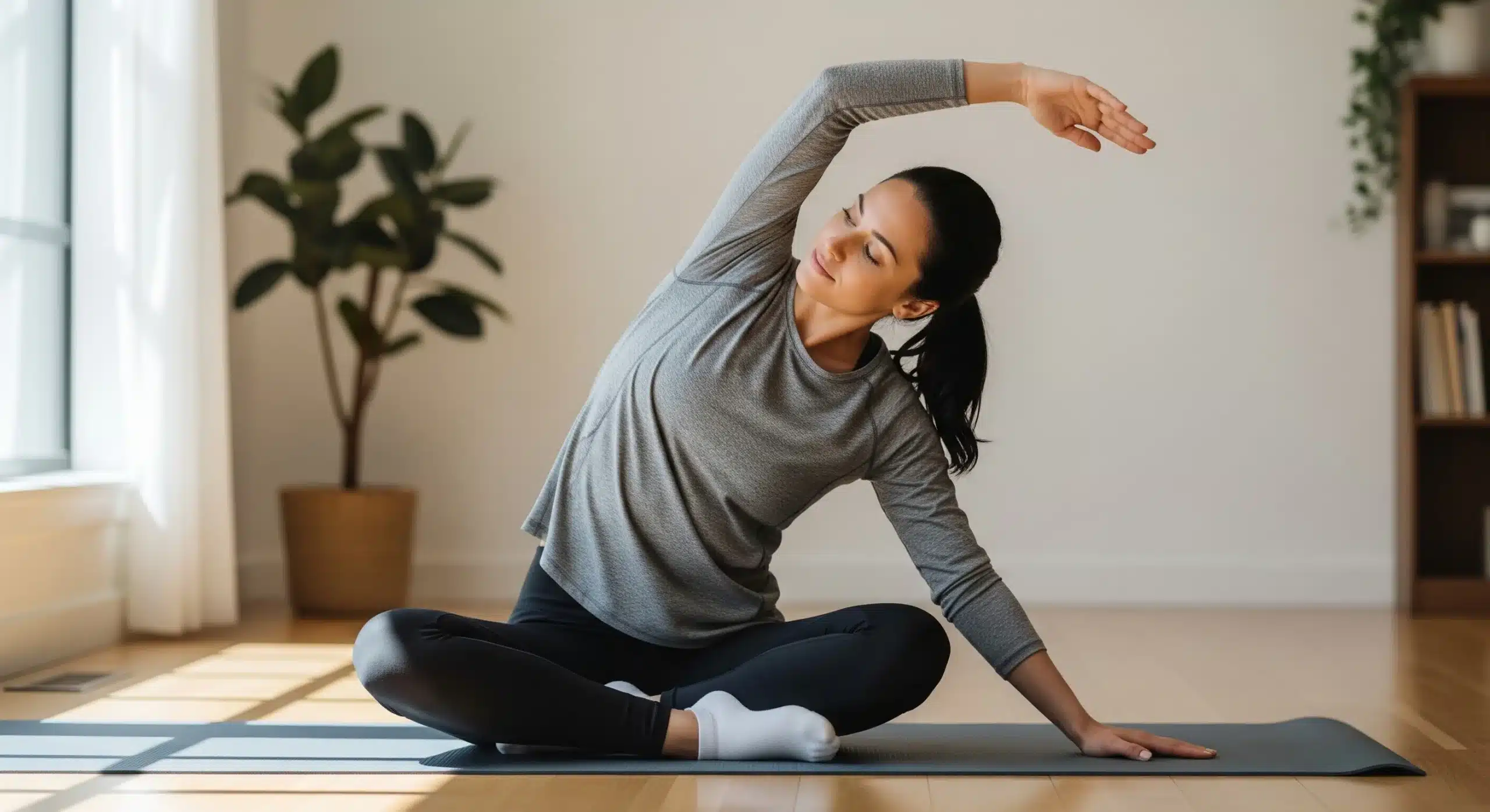 An image of a person performing a seated side stretch exercise on a yoga mat to improve rib and spine mobility.