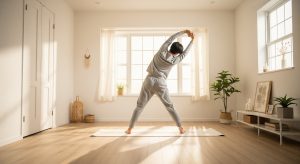 An image of a person performing a standing side stretch on a yoga mat in a bright room with natural morning light.
