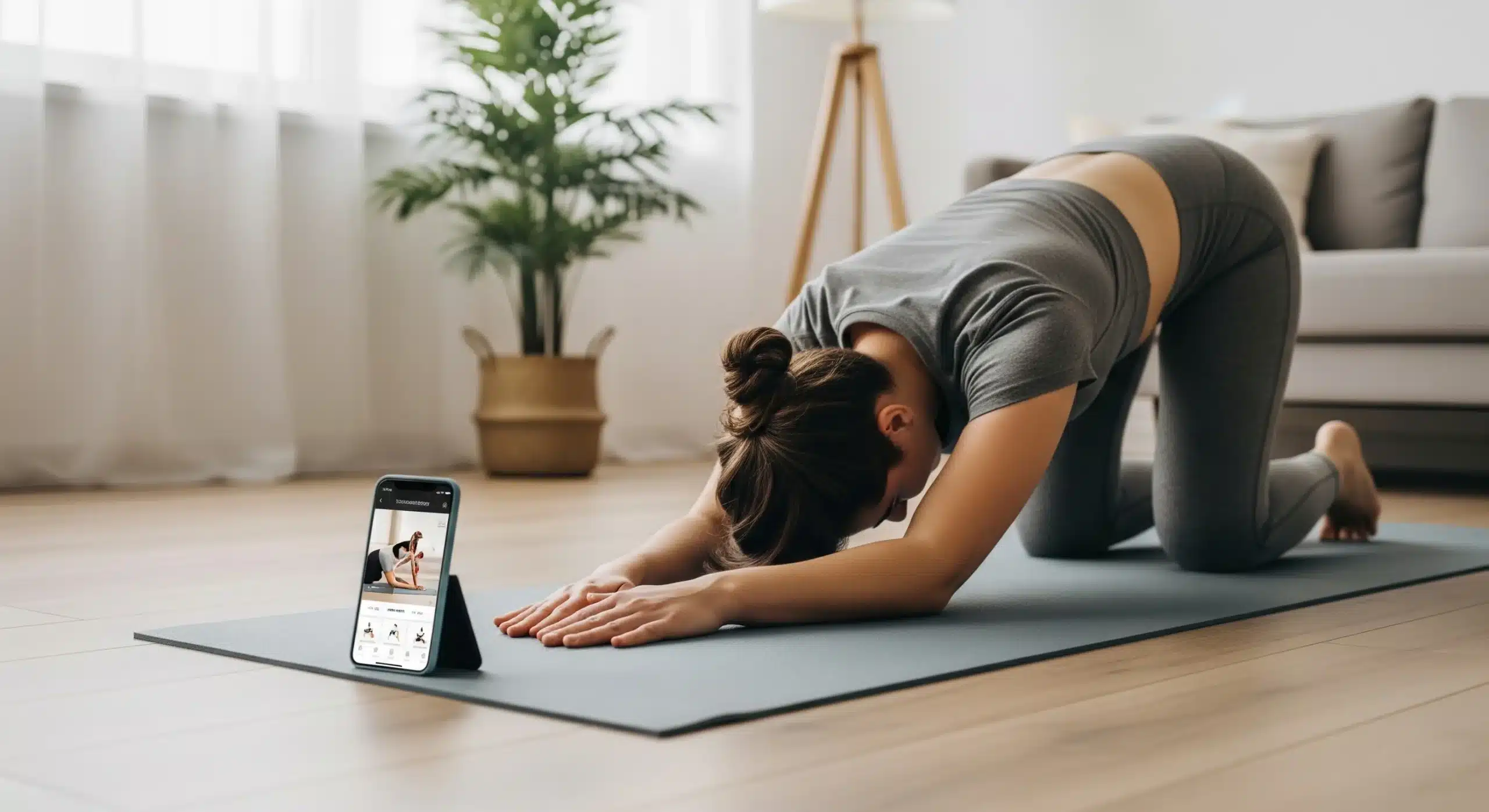 An image of a person performing Child’s Pose while following a stretching routine on a fitness app to stretch rhomboid muscles.