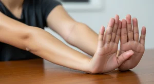 An image of a person placing the backs of their hands on a table to perform stretches for the forearm, targeting the wrist extensors and upper forearm muscles.