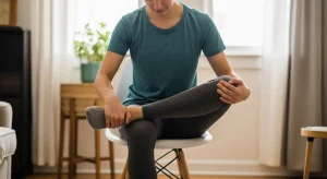An image of a person seated on a chair performing a figure four stretch for hip and lower back relief.