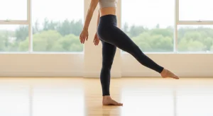 An image of a person standing on one leg performing a controlled balance and mobility exercise.