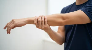 An image of a person stretching their forearm by extending one arm forward while the other hand gently holds the forearm, demonstrating a wrist and arm stretch.