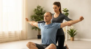 An image of a practitioner guiding a man through an assisted chest and shoulder stretch on a yoga mat in a bright studio.