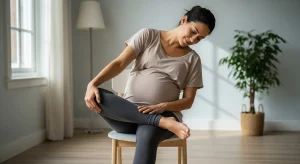 An image of a pregnant woman doing a seated figure four stretch on a chair.