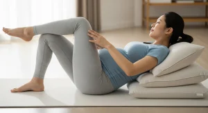 An image of a pregnant woman lying on her back with pillows while holding a knee to her chest for a gentle stretch.