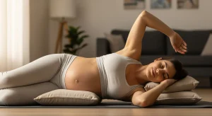 An image of a pregnant woman lying on her side with pillows for support while doing a gentle side stretch.