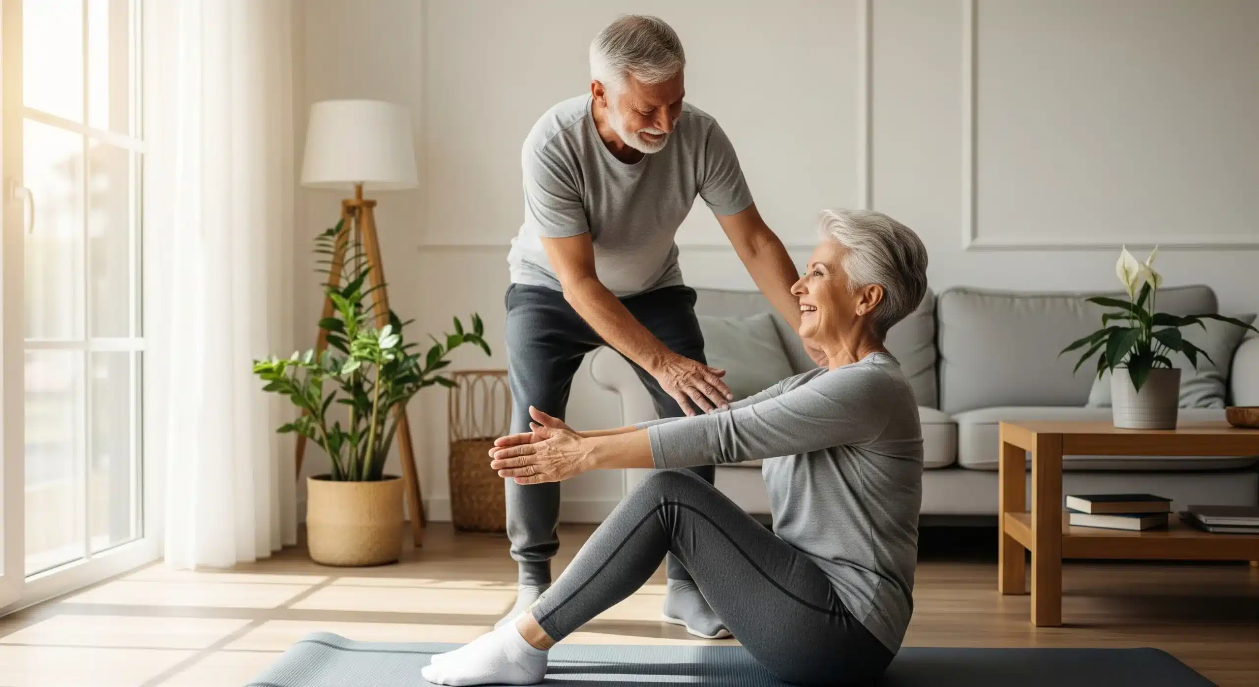 An image of a senior couple practicing seated core exercises on a yoga mat.