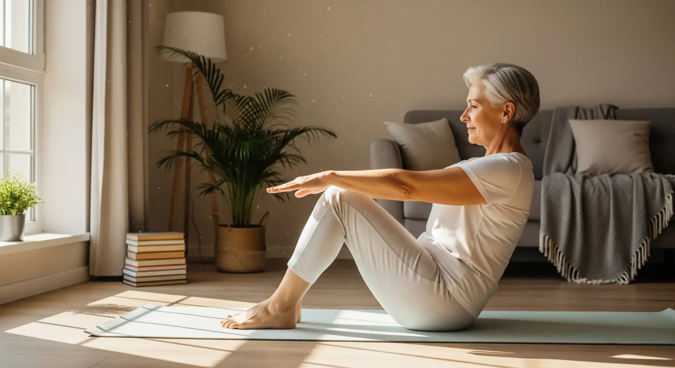 An image of a senior woman performing a seated core exercise on a yoga mat.