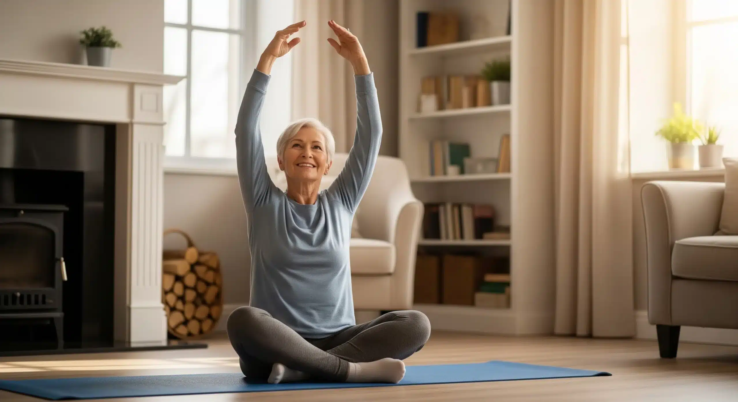 An image of a senior woman raising her arms during a seated core stretch on a yoga mat.