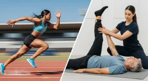 An image of a sprinter accelerating on a track beside a practitioner helping a client with an assisted hamstring stretch indoors.