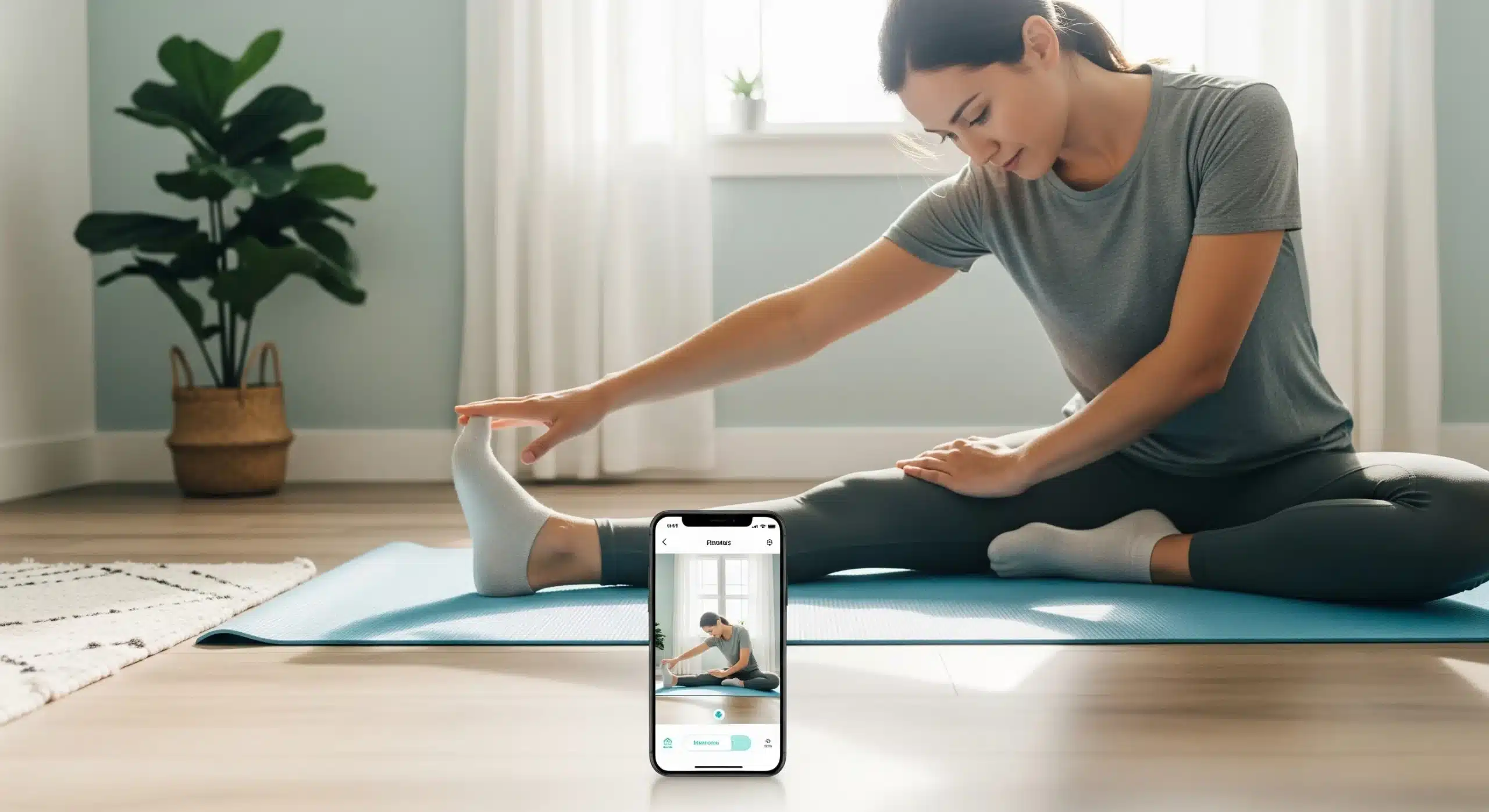 An image of a woman following a hip mobility routine on a yoga mat using a stretching app for internal hip rotation exercises.