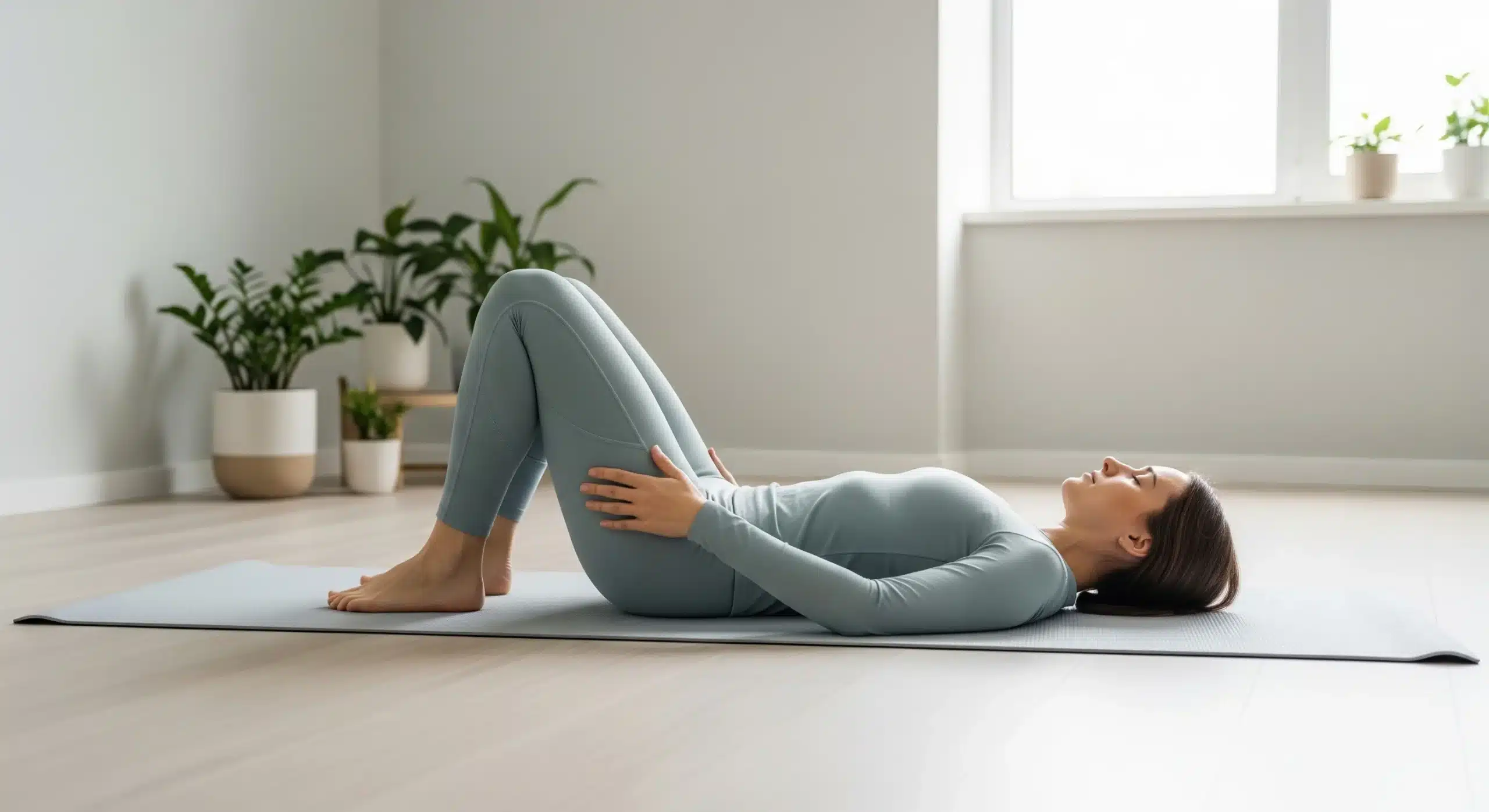 An image of a woman lying down performing a supine internal hip rotation stretch on a yoga mat.