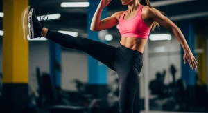 An image of a woman performing a high ballistic leg kick in a gym to warm up her hips and legs for explosive movement.