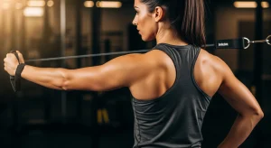 An image of a woman performing a resistance band shoulder exercise for injury prevention.