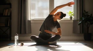 An image of a woman performing a seated side stretch as part of a daily stretching routine.