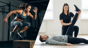 An image of an athlete doing an explosive box jump beside a photo of a person receiving an assisted leg stretch from a practitioner, showing two different stretching needs.