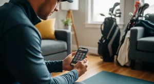 An image of a golfer sitting indoors on a yoga mat holding a smartphone, viewing the WeStretch app while golf clubs sit in the background.
