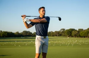 An image of a golfer rotating his upper body with a club across his shoulders on a practice range scattered with golf balls.