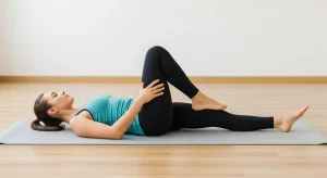 A photo of a person lying on their back performing a supine hip flexor stretch for gentle mobility.