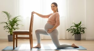 An image of a pregnant woman doing a supported kneeling hip stretch using a chair.