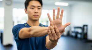 A photo of a person extending one arm forward with the palm facing outward while the other hand gently pulls the fingers back to stretch the wrist extensors.