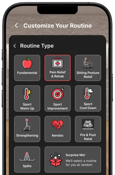 WeStretch routine type picker showing categories like Pain Relief and Sport Warm Up