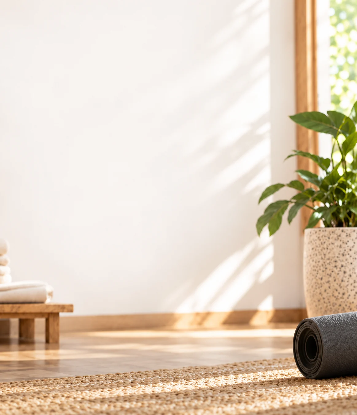Sunlit corner of a minimalist yoga studio
